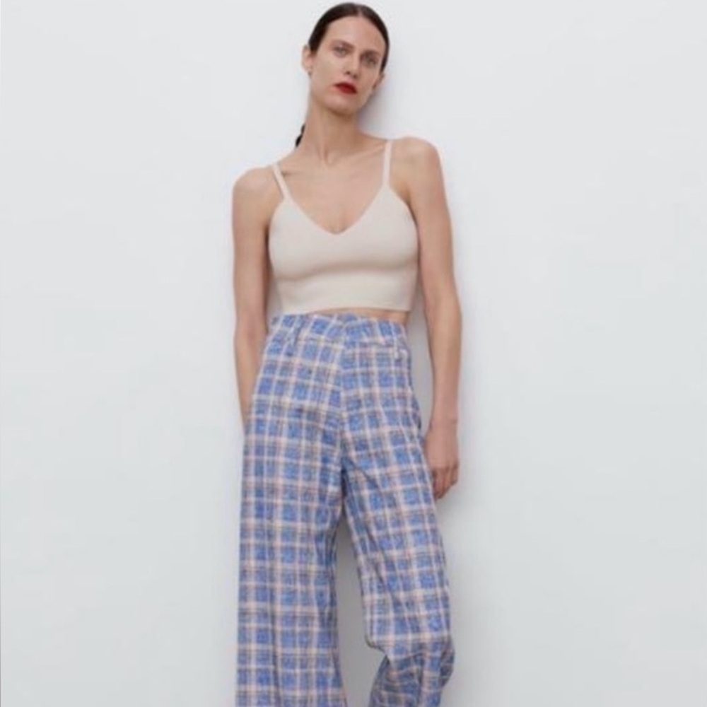 Zara Blue and Cream Plaid Cropped Pants
